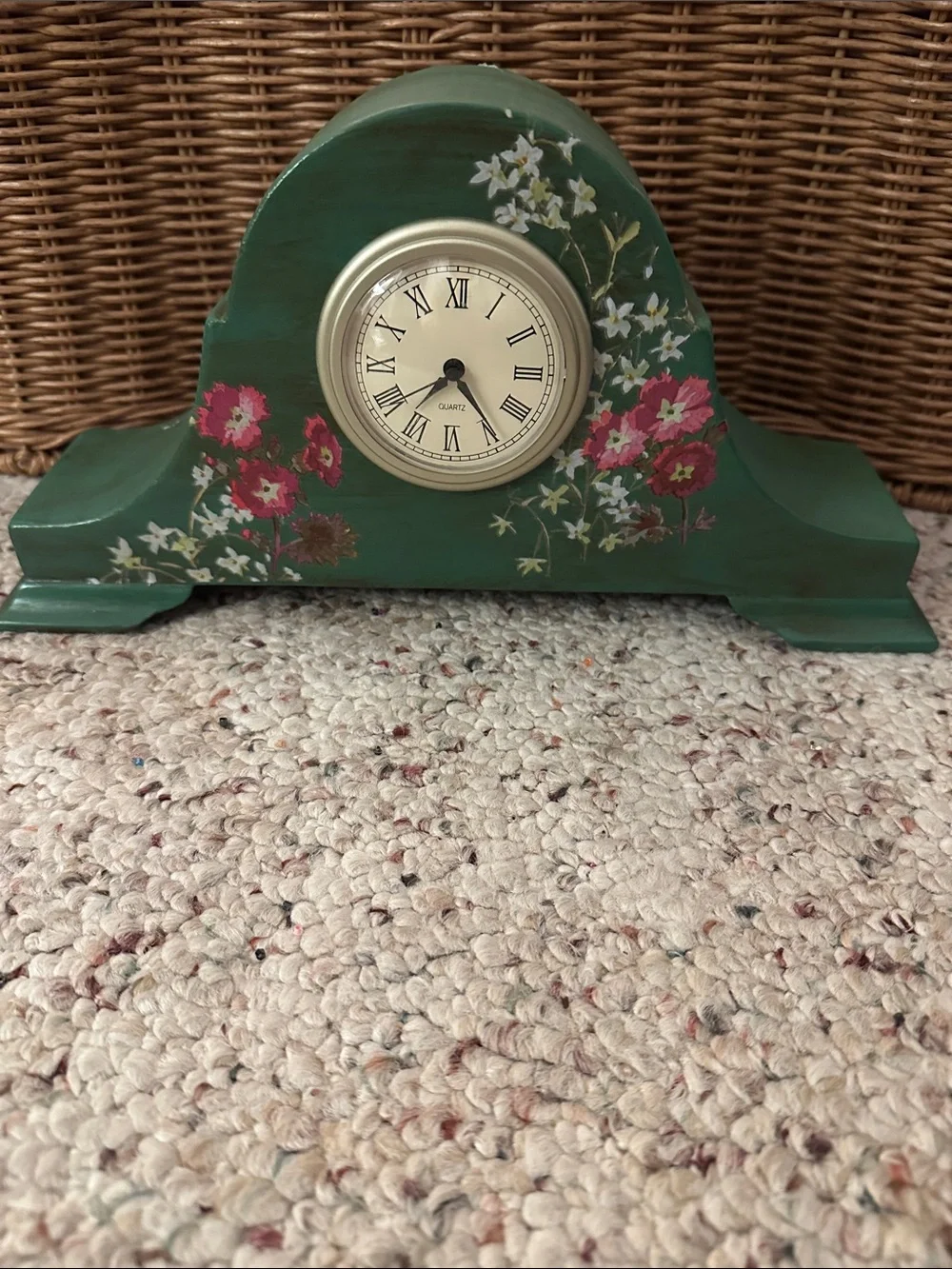 Vintage Green Floral Mantel Clock - Unbranded